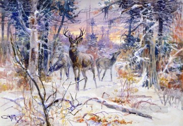 チャールズ・マリオン・ラッセル Painting - 雪に覆われた森の中の鹿 1906年 チャールズ・マリオン・ラッセル